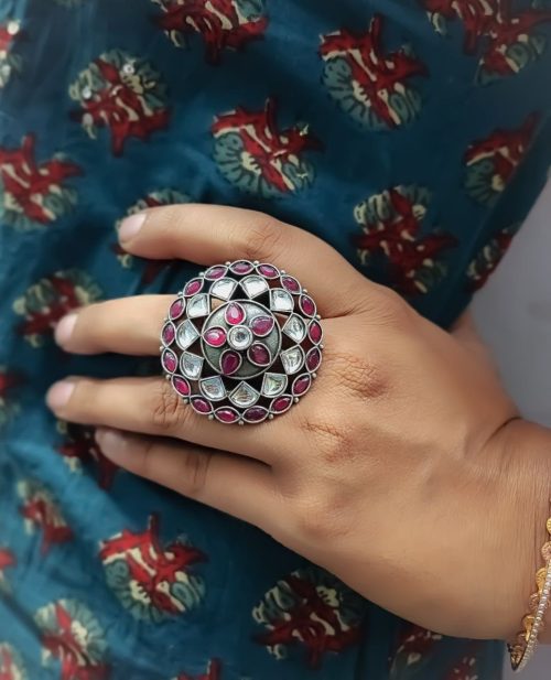 Antique Silver Replica Round Shape Stone Work Adjustable Rings For Girls - Image 16