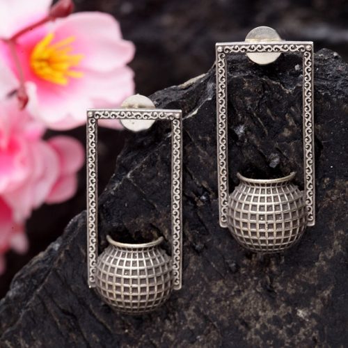 Antique Oxidised Pot Design Tribal Handcrafted Studs - Silver Replica Matka Earrings
