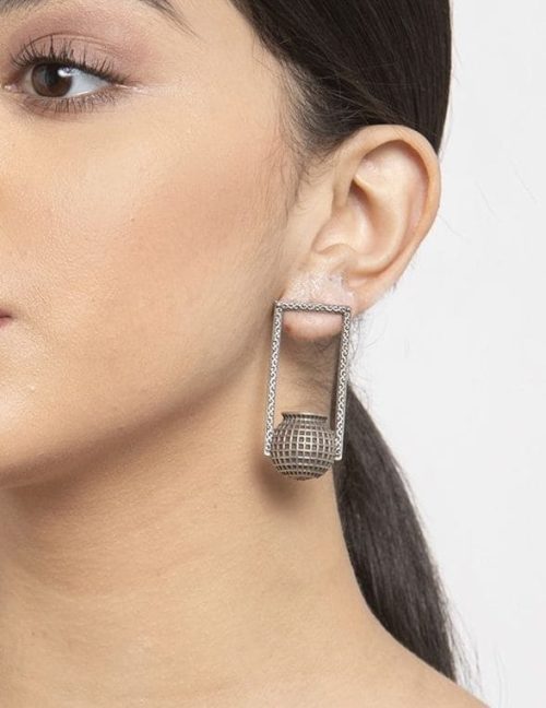 Antique Oxidised Pot Design Tribal Handcrafted Studs - Silver Replica Matka Earrings
