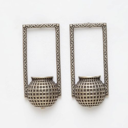 Antique Oxidised Pot Design Tribal Handcrafted Studs - Silver Replica Matka Earrings