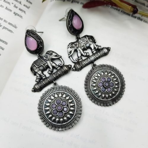 High Quality Designer Elephant Style Silver Look Like Replica Monalisa Stone Stud Dangler Earrings