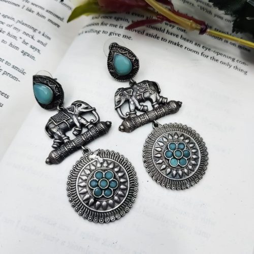 High Quality Designer Elephant Style Silver Look Like Replica Monalisa Stone Stud Dangler Earrings