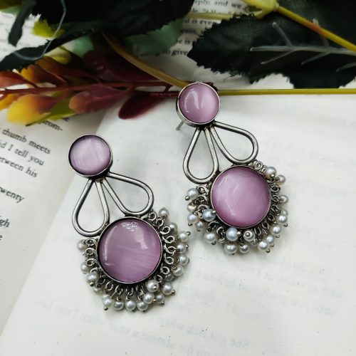 Hand Made Silver Look Like Replica Monalisa Stone Stud Earrings with Pearl Work