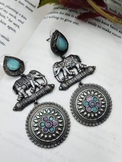 High Quality Designer Elephant Style Silver Look Like Replica Monalisa Stone Stud Dangler Earrings