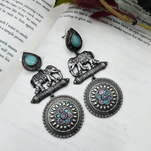 High Quality Designer Elephant Style Silver Look Like Replica Monalisa Stone Stud Dangler Earrings