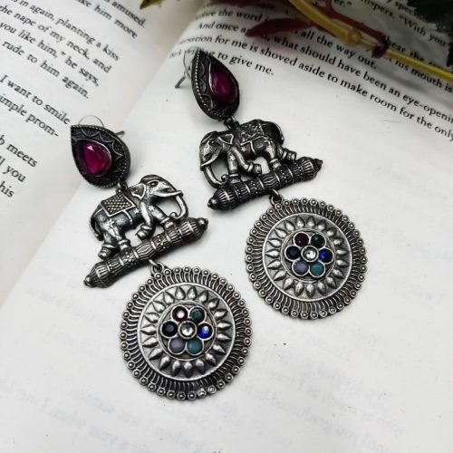 High Quality Designer Elephant Style Silver Look Like Replica Monalisa Stone Stud Dangler Earrings
