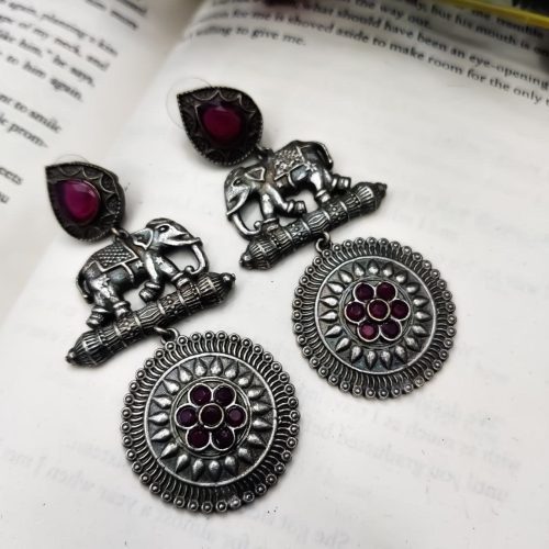 High Quality Designer Elephant Style Silver Look Like Replica Monalisa Stone Stud Dangler Earrings