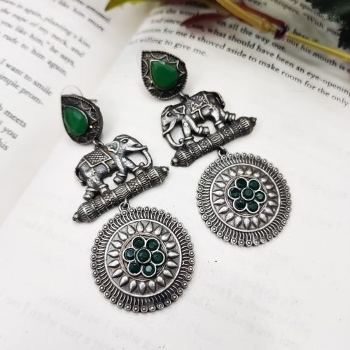 High Quality Designer Elephant Style Silver Look Like Replica Monalisa Stone Stud Dangler Earrings