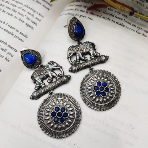 High Quality Designer Elephant Style Silver Look Like Replica Monalisa Stone Stud Dangler Earrings