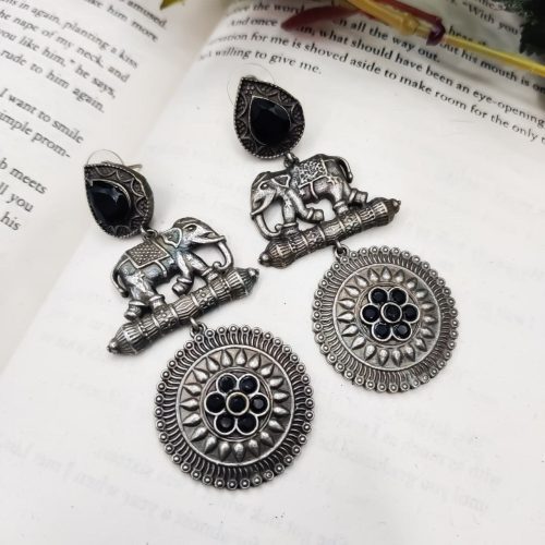 High Quality Designer Elephant Style Silver Look Like Replica Monalisa Stone Stud Dangler Earrings