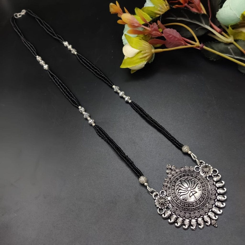 Traditional Lotus Oxidised Mangal Sutra Necklace