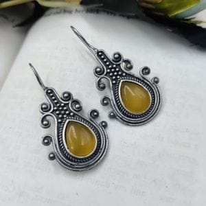 Iconic Look Silver Replica Monalisa Stone Hook Earrings- Best For Girls - Color: "Yellow"