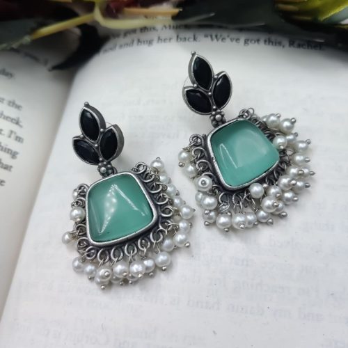 Light Weighted Silver Replica Monalisa Stone Dangler Earrings For Girls