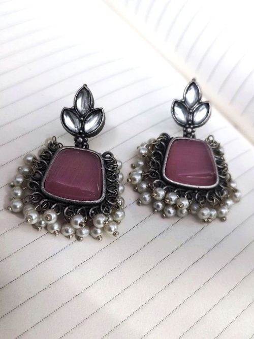 Light Weighted Silver Replica Monalisa Stone Dangler Earrings For Girls