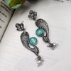 Designer Piece Of Fish With Silver Replica Plated & Monalisa Stone Stud Dangler Earrings
