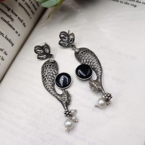 Designer Piece Of Fish With Silver Replica Plated & Monalisa Stone Stud Dangler Earrings