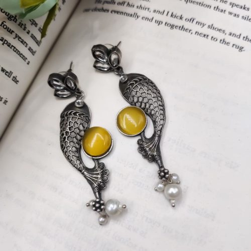Designer Piece Of Fish With Silver Replica Plated & Monalisa Stone Stud Dangler Earrings