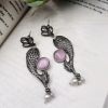 Designer Piece Of Fish With Silver Replica Plated & Monalisa Stone Stud Dangler Earrings