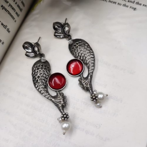 Designer Piece Of Fish With Silver Replica Plated & Monalisa Stone Stud Dangler Earrings