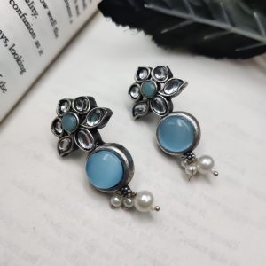 Elegant Look Flower Design Silver Replica Monalisa Stone Stud Earrings For Girls