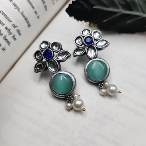 Elegant Look Flower Design Silver Replica Monalisa Stone Stud Earrings For Girls
