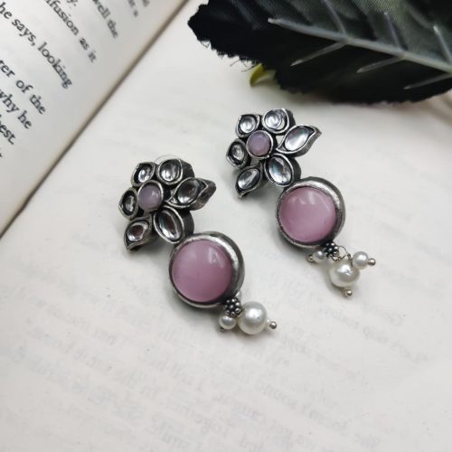Elegant Look Flower Design Silver Replica Monalisa Stone Stud Earrings For Girls