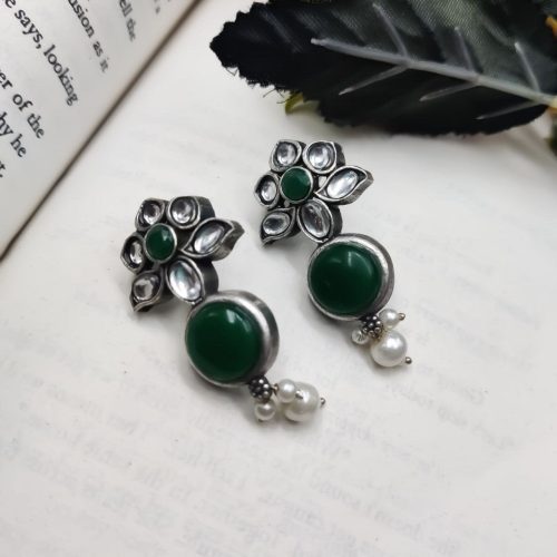 Elegant Look Flower Design Silver Replica Monalisa Stone Stud Earrings For Girls