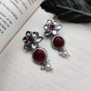Elegant Look Flower Design Silver Replica Monalisa Stone Stud Earrings For Girls