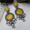 Designer Silver Replica Elephant Monalisa Stone Stud Dangler Earrings