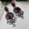 Designer Silver Replica Elephant Monalisa Stone Stud Dangler Earrings