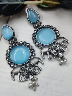 Designer Silver Replica Elephant Monalisa Stone Stud Dangler Earrings