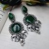 Designer Silver Replica Elephant Monalisa Stone Stud Dangler Earrings