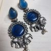 Designer Silver Replica Elephant Monalisa Stone Stud Dangler Earrings