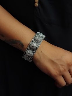 Traditional Silver Replica Oxidised Free Size Bangle Kada For Girls