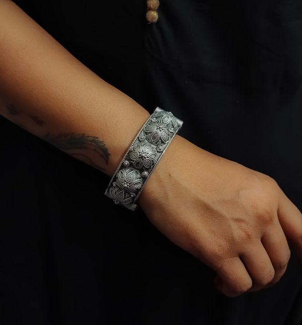 Traditional Silver Replica Oxidised Free Size Bangle Kada For Girls