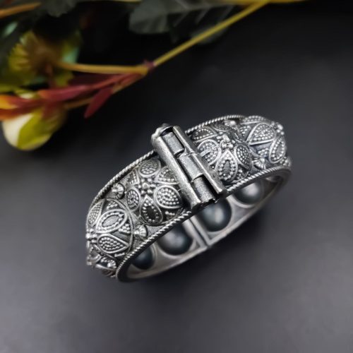 Traditional Silver Replica Oxidised Free Size Bangle Kada For Girls