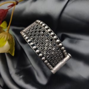 Silver Look Like Oxidised Replica Indian Style Free Size Cuff Bracelet For Girls
