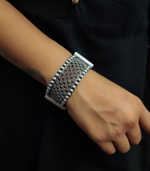 Traditional Antique Silver Bangle | Oxidised Indian Style Free Size Cuff Bracelet