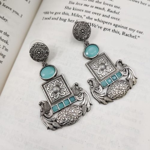 Designer Oxidised Replica Silver Polish Stud Peacock Earrings For Girls