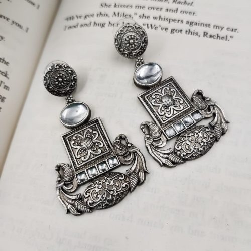 Designer Oxidised Replica Silver Polish Stud Peacock Earrings For Girls