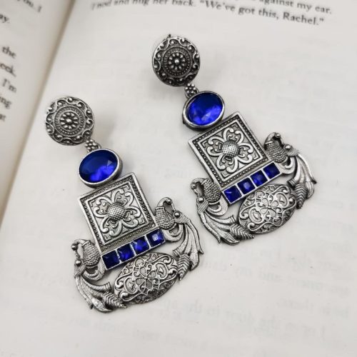 Designer Oxidised Replica Silver Polish Stud Peacock Earrings For Girls