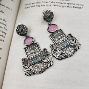 Designer Oxidised Replica Silver Polish Stud Peacock Earrings For Girls