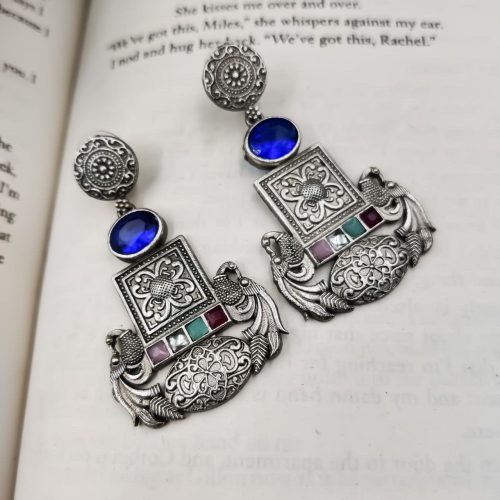 Designer Oxidised Replica Silver Polish Stud Peacock Earrings For Girls