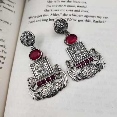 Designer Oxidised Replica Silver Polish Stud Peacock Earrings For Girls