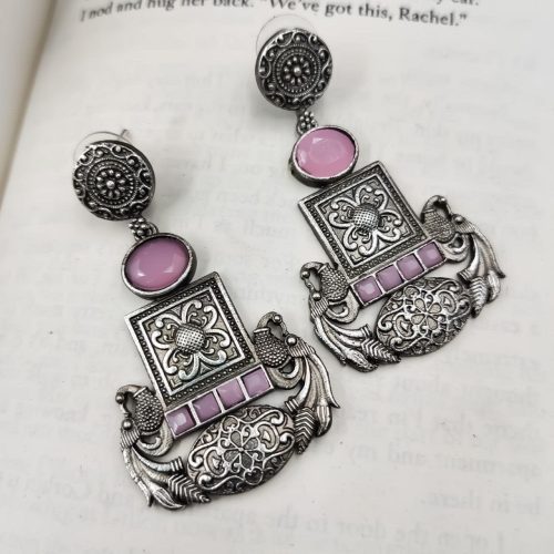 Designer Oxidised Replica Silver Polish Stud Peacock Earrings For Girls