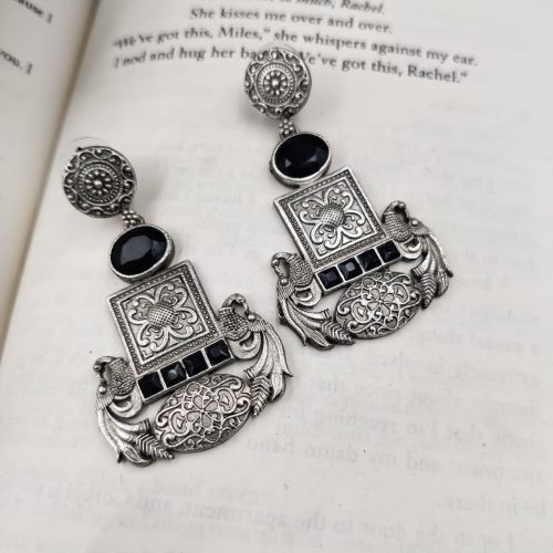 Designer Oxidised Replica Silver Polish Stud Peacock Earrings For Girls