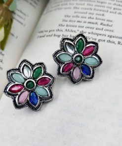 Designer Oxidised Stone Work Stud Earrings For Girls - Casual Wear Stud Earrings