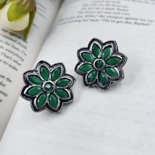 Designer Oxidised Stone Work Stud Earrings For Girls - Casual Wear Stud Earrings