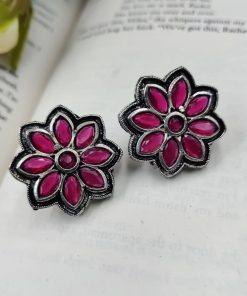 Designer Oxidised Stone Work Stud Earrings For Girls - Casual Wear Stud Earrings