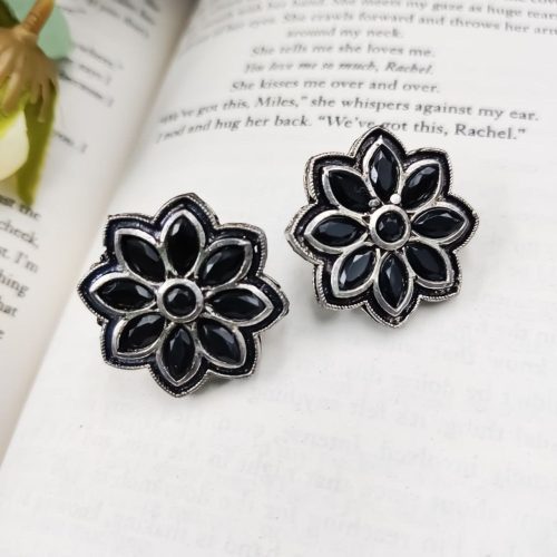 Designer Oxidised Stone Work Stud Earrings For Girls - Casual Wear Stud Earrings